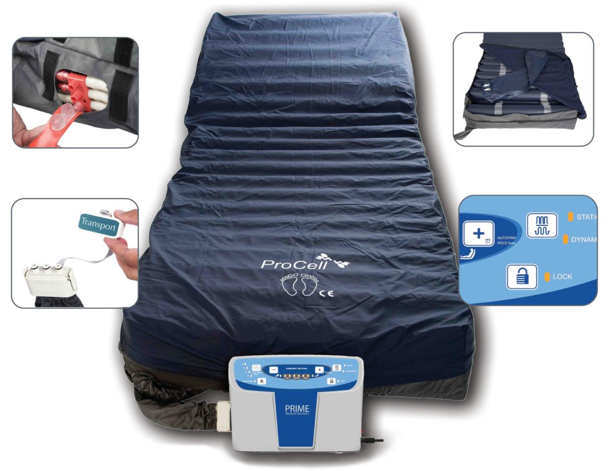 Materasso ad aria ProCell blu a celle con compressore PRIME, dettagli di valvola Transport e pannello comandi